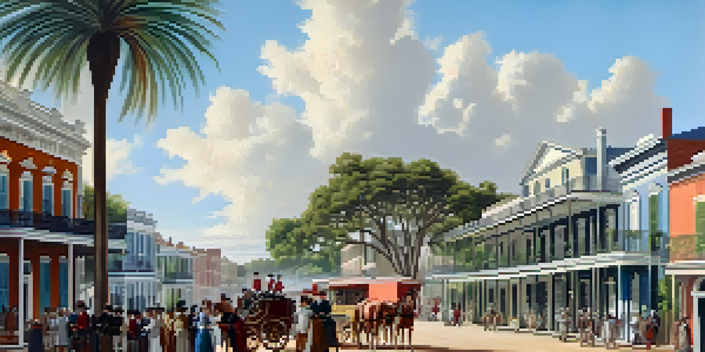 A historic view of New Orleans in the early 18th century, featuring colonial architecture and people in period clothing.