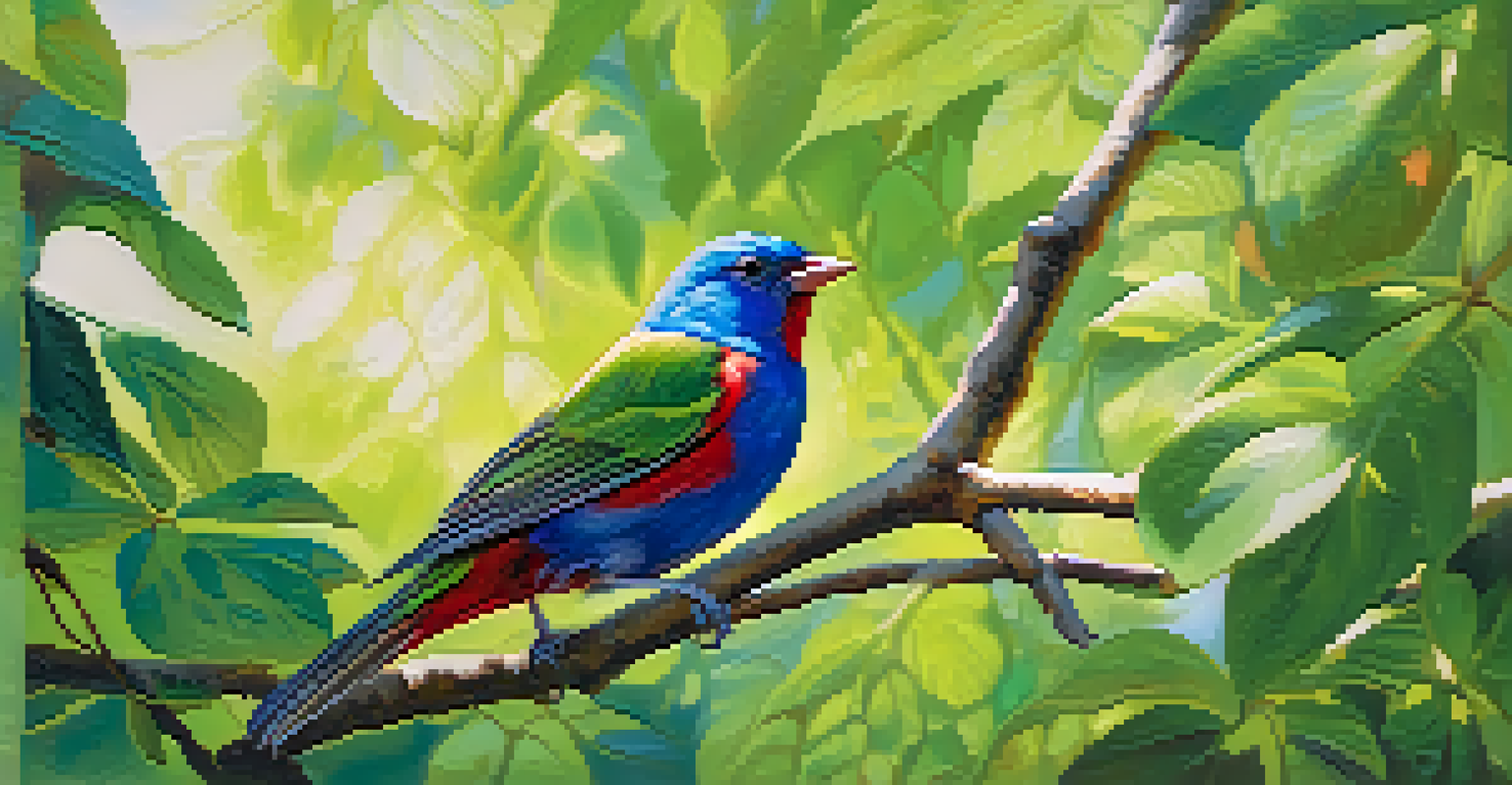 A close-up of a colorful Painted Bunting on a branch in a green forest, with sunlight filtering through the leaves.
