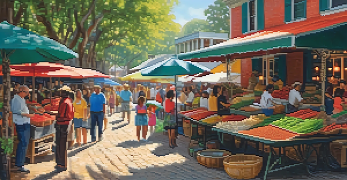 An outdoor market in Louisiana, displaying colorful spice stalls and fresh ingredients, with people interacting and sunlight filtering through trees.