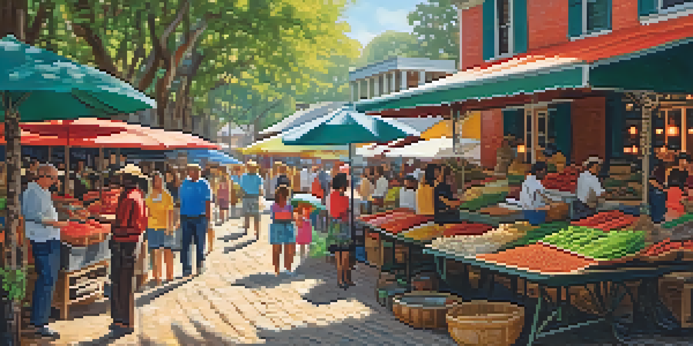 An outdoor market in Louisiana, displaying colorful spice stalls and fresh ingredients, with people interacting and sunlight filtering through trees.