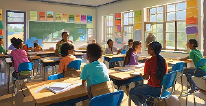 A bright and colorful classroom with diverse students working together, under natural sunlight with educational materials visible.