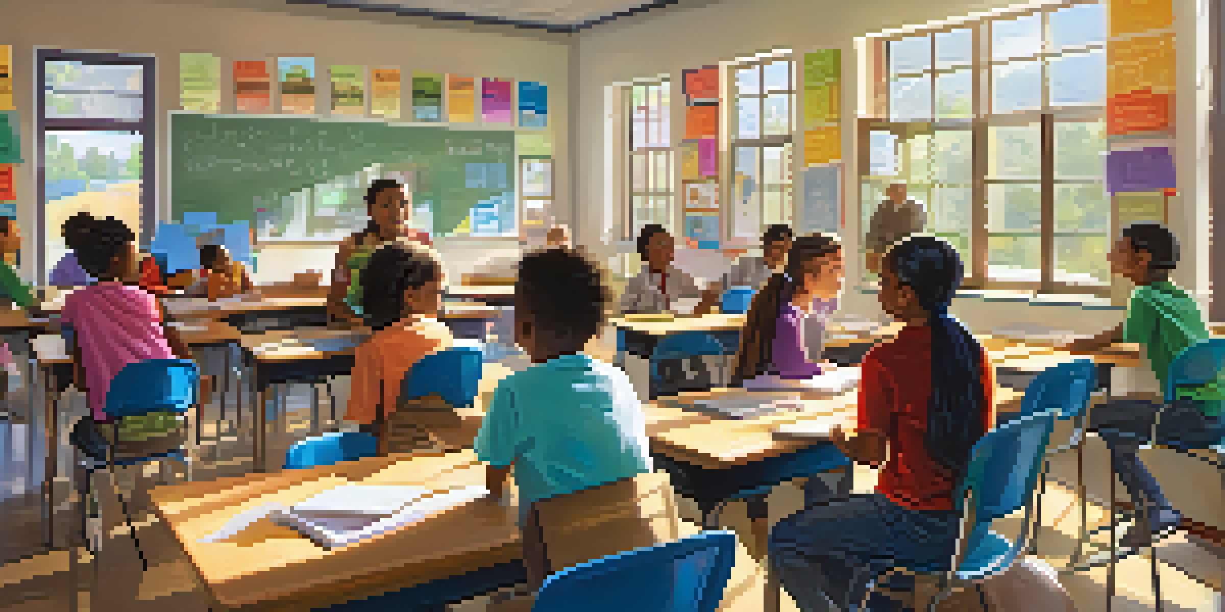 A bright and colorful classroom with diverse students working together, under natural sunlight with educational materials visible.