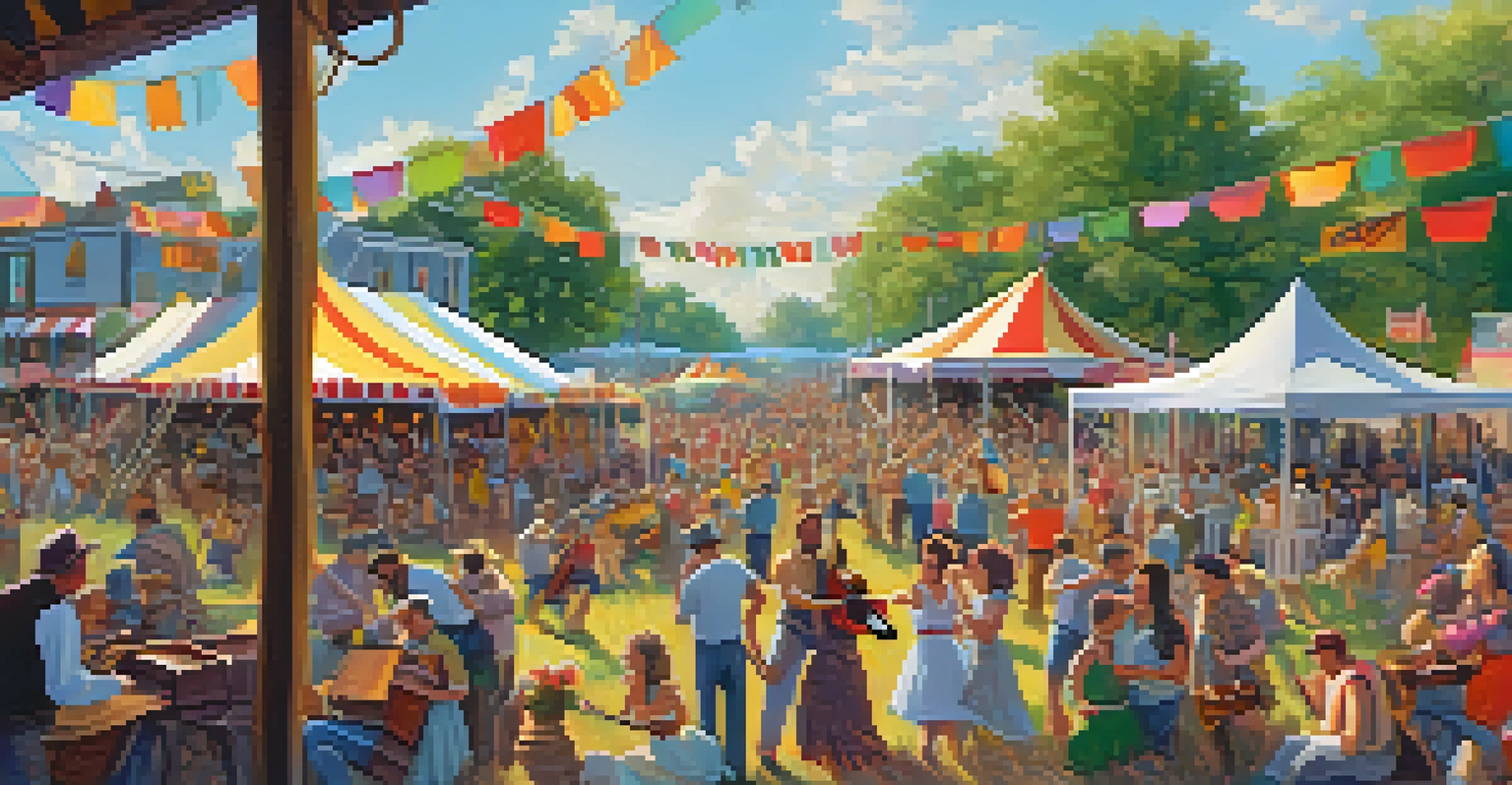 A vibrant outdoor Cajun music festival with musicians performing and people dancing.