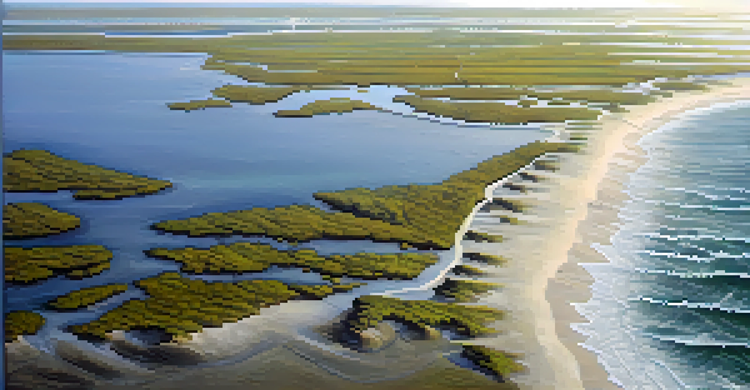 An aerial view of Louisiana's coastline showing areas of erosion and healthy wetlands, capturing the impact of hurricanes on the landscape.