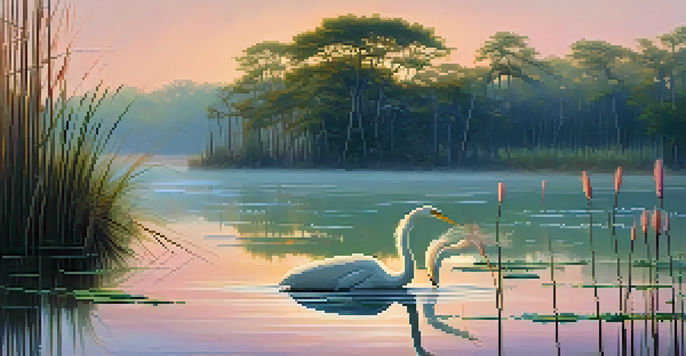A peaceful sunrise over a Louisiana swamp, featuring cypress trees, calm waters, a great egret, and blooming water lilies.