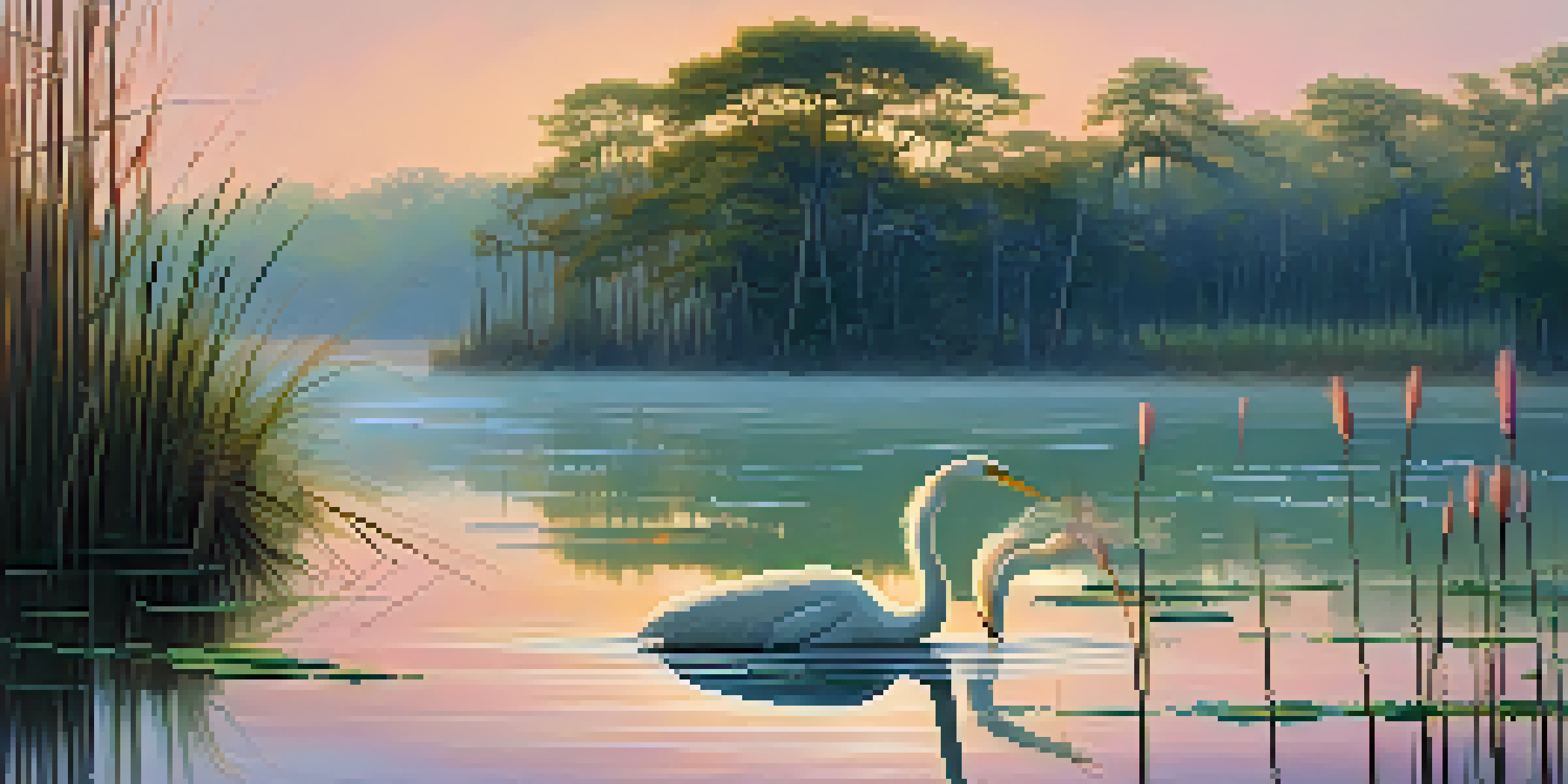 A peaceful sunrise over a Louisiana swamp, featuring cypress trees, calm waters, a great egret, and blooming water lilies.