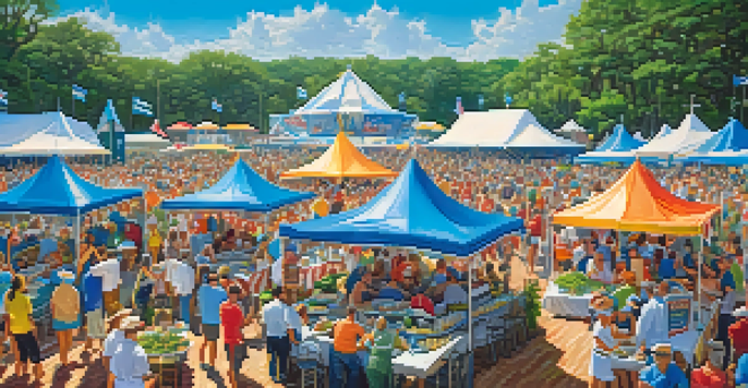 A lively seafood festival in Louisiana featuring chefs cooking and serving seafood dishes, with colorful tents and a crowd enjoying the festivities.