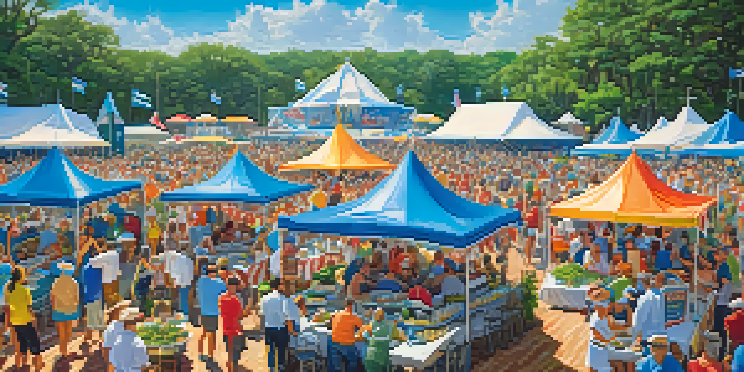 A lively seafood festival in Louisiana featuring chefs cooking and serving seafood dishes, with colorful tents and a crowd enjoying the festivities.