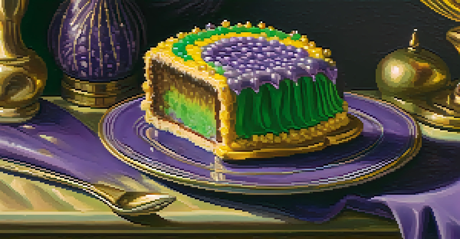 A close-up view of a traditional king cake, decorated in purple, green, and gold, with a small figurine peeking out.