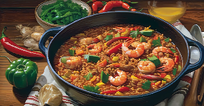 A pot of jambalaya on a wooden table, filled with shrimp and sausage, surrounded by spices and vegetables, in a warmly lit kitchen.