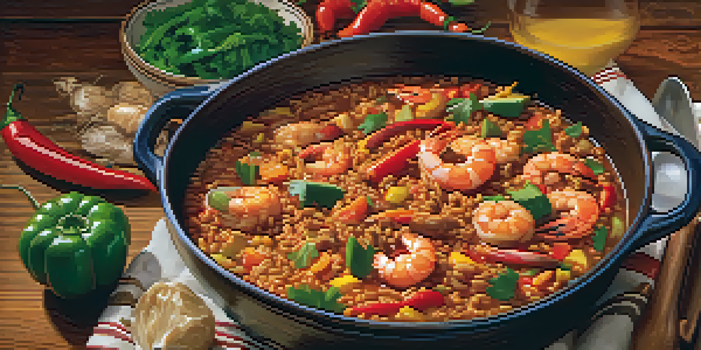 A pot of jambalaya on a wooden table, filled with shrimp and sausage, surrounded by spices and vegetables, in a warmly lit kitchen.