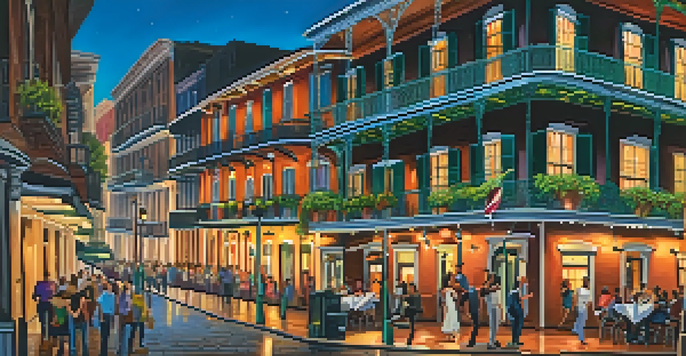 A bustling street in the French Quarter, New Orleans, featuring historic buildings, colorful balconies, and people enjoying live music.