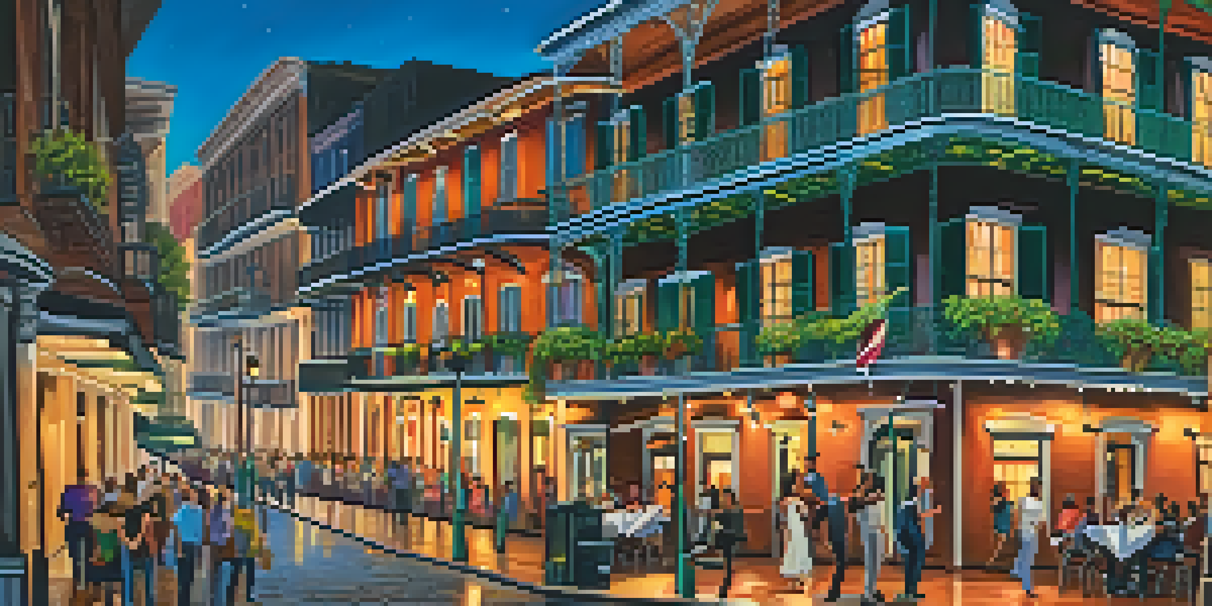 A bustling street in the French Quarter, New Orleans, featuring historic buildings, colorful balconies, and people enjoying live music.