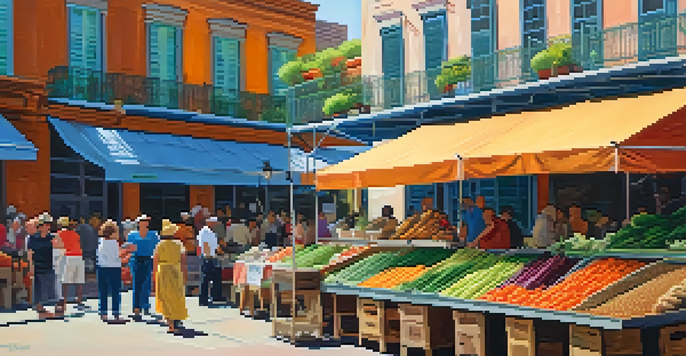 A lively local market in New Orleans with colorful stalls and vendors, set against historic buildings and street performers.