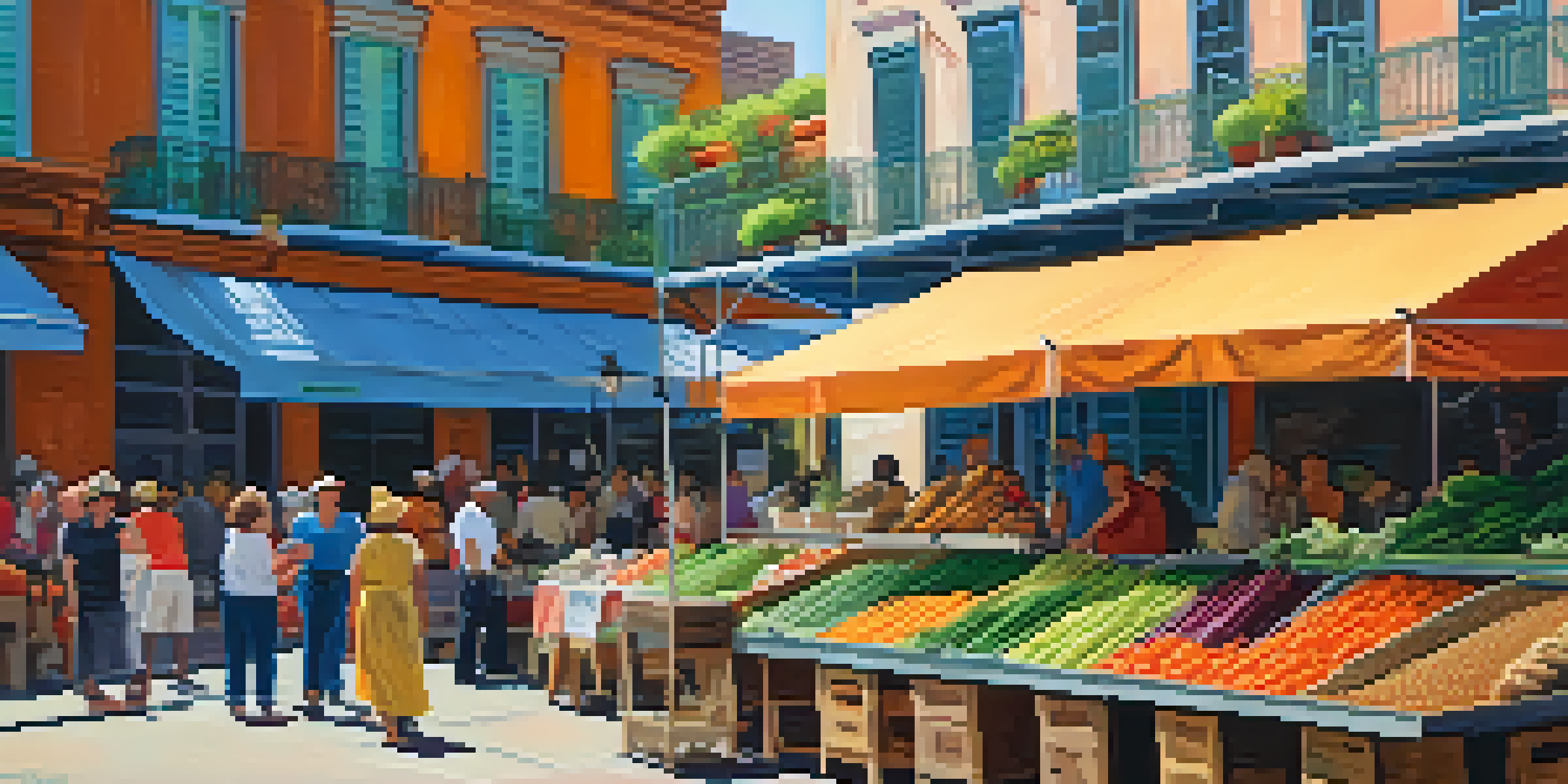 A lively local market in New Orleans with colorful stalls and vendors, set against historic buildings and street performers.