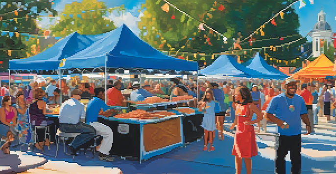 A lively festival atmosphere with families enjoying seafood and live music in a festive setting.