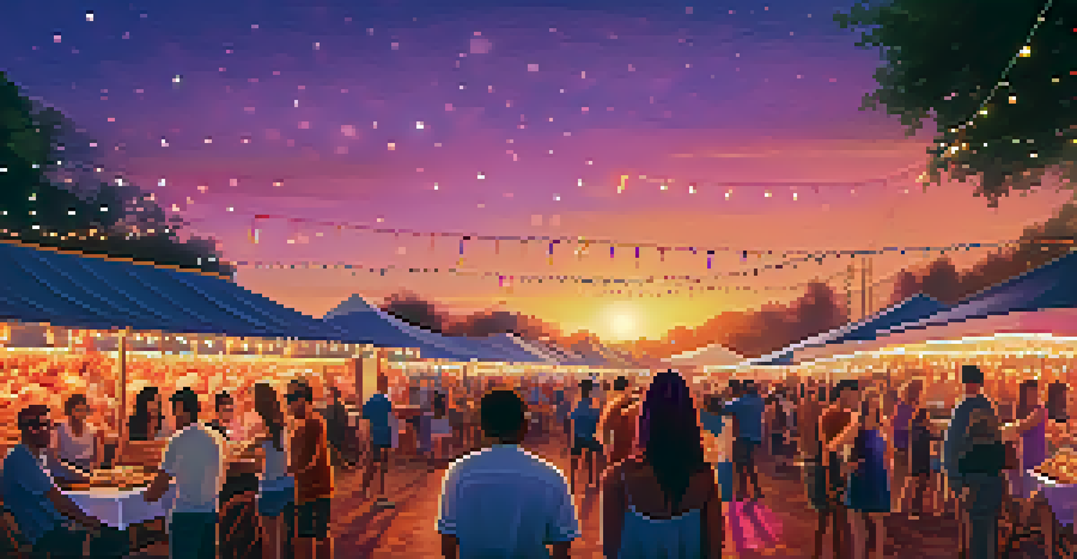 A sunset view of the Crawfish Festival with fairy lights, dancing people, and a colorful sky.
