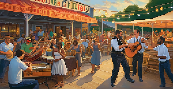 A group of musicians performing at a Cajun music festival with instruments, colorful banners, and an audience dancing under a sunset.