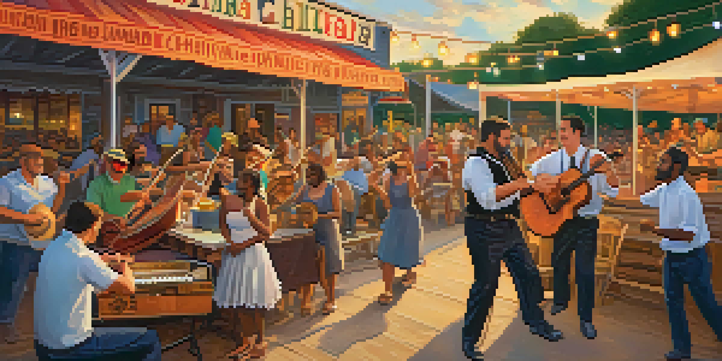 A group of musicians performing at a Cajun music festival with instruments, colorful banners, and an audience dancing under a sunset.