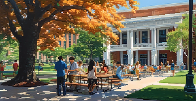 A vibrant university campus scene with diverse students working together at a picnic table, surrounded by greenery and a historic building in the background.