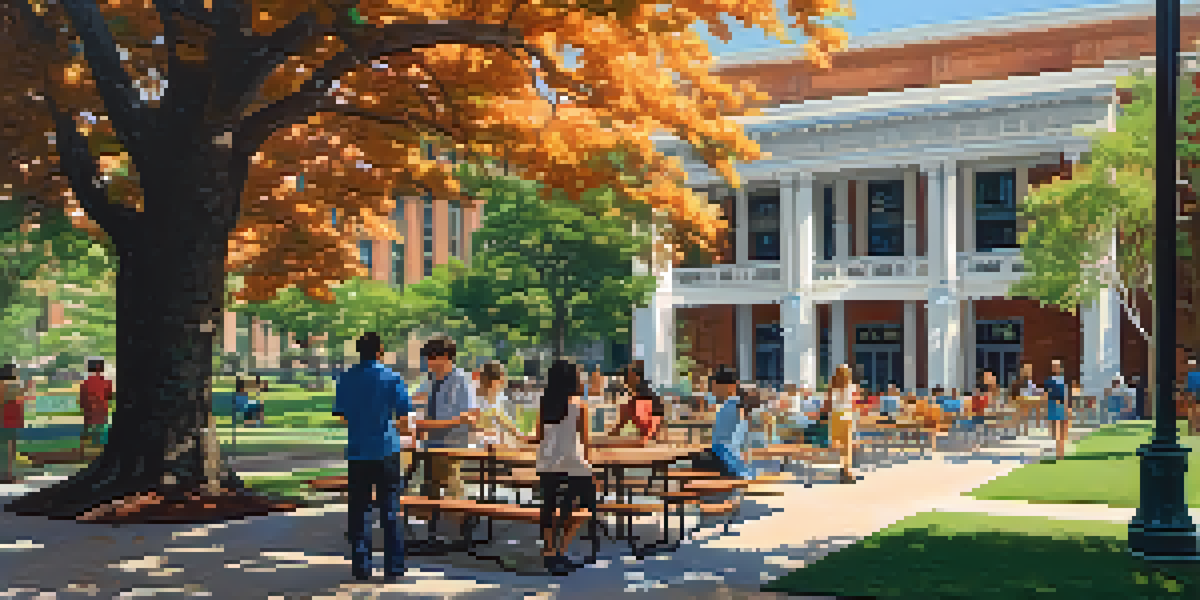 A vibrant university campus scene with diverse students working together at a picnic table, surrounded by greenery and a historic building in the background.