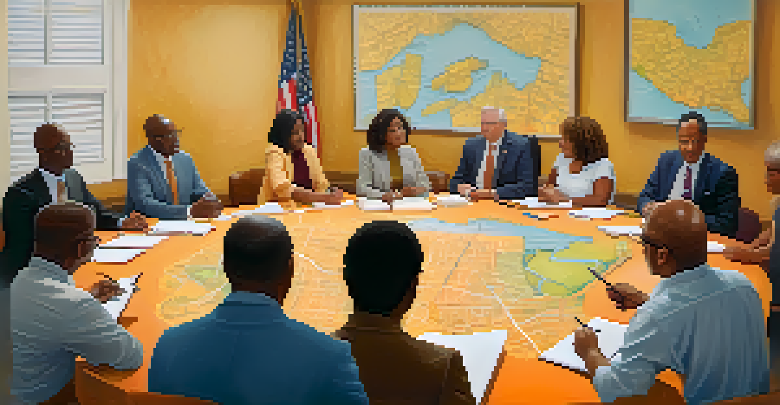 Local residents sitting around a circular table during a community advisory board meeting, with a large map of Louisiana in the background.