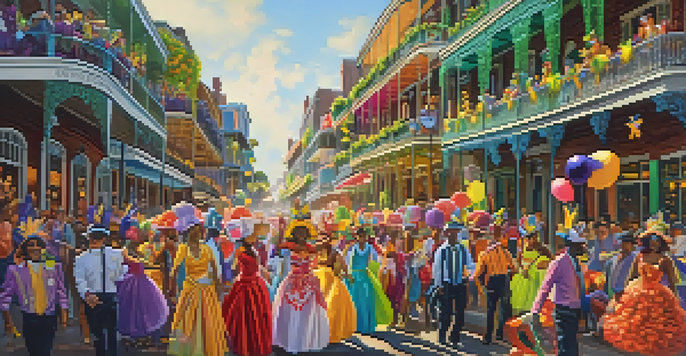 A busy street in New Orleans during Mardi Gras with colorful floats and people in masks and costumes celebrating.
