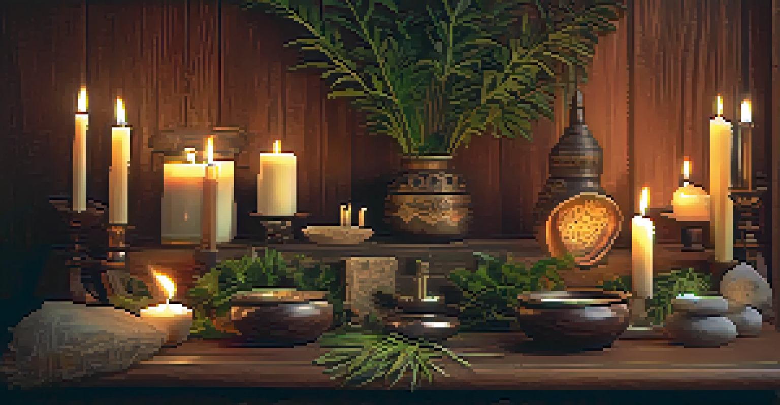 A traditional Voodoo altar with candles and symbolic objects, bathed in soft light.
