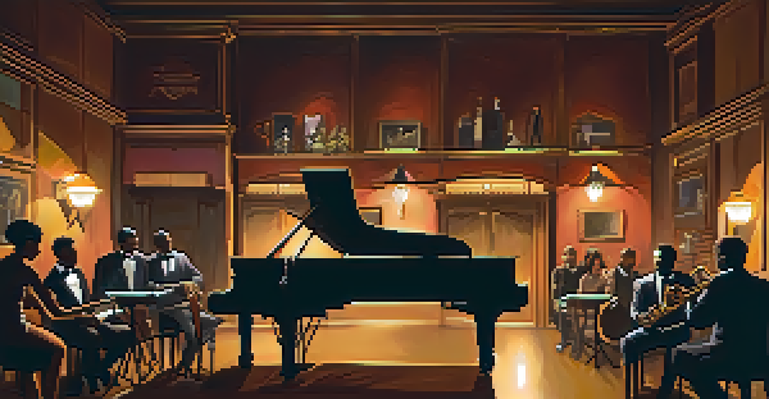 A cozy jazz club with a pianist and saxophonist performing on stage, surrounded by patrons.