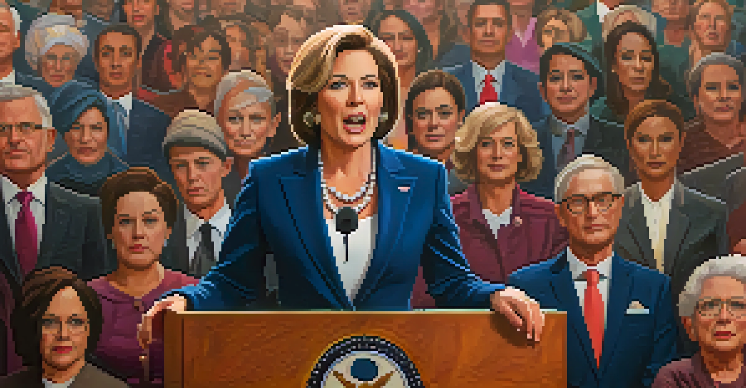 A female politician confidently speaking at a podium with an engaged audience in the background, advocating for women's rights.