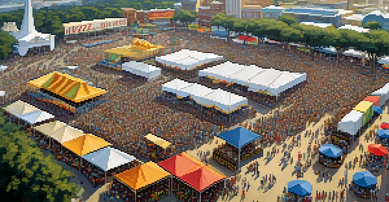 An aerial view of the New Orleans Jazz & Heritage Festival with crowds and music stages.