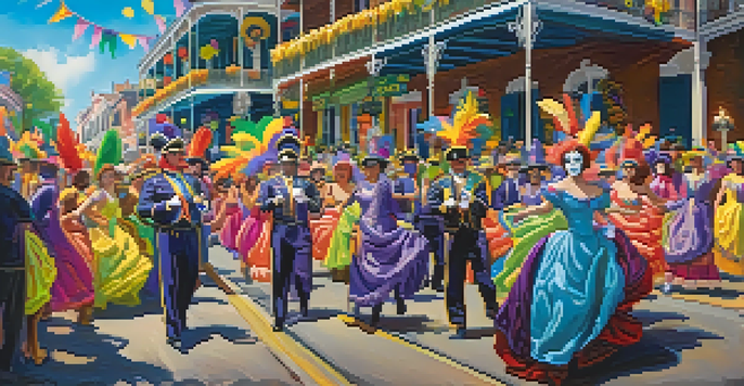 A bustling Mardi Gras parade in Louisiana with people in colorful costumes and masks, historic buildings, and a clear blue sky.