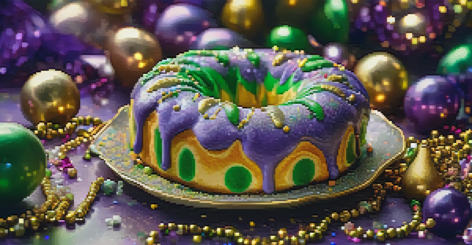 A decorated King Cake with purple, green, and gold colors on a plate, surrounded by confetti and beads.