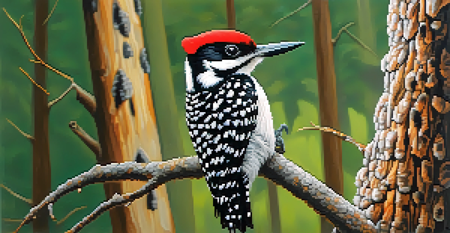 A detailed close-up of a red-cockaded woodpecker on a longleaf pine tree, highlighting its unique plumage amidst a forest backdrop.