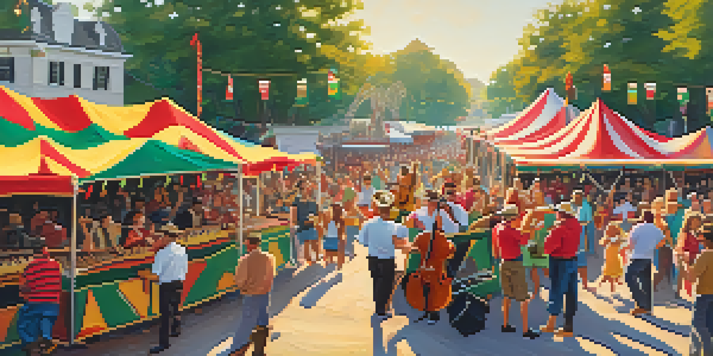 A lively outdoor festival with colorful tents and a Cajun band playing music, people dancing joyfully in the sun.