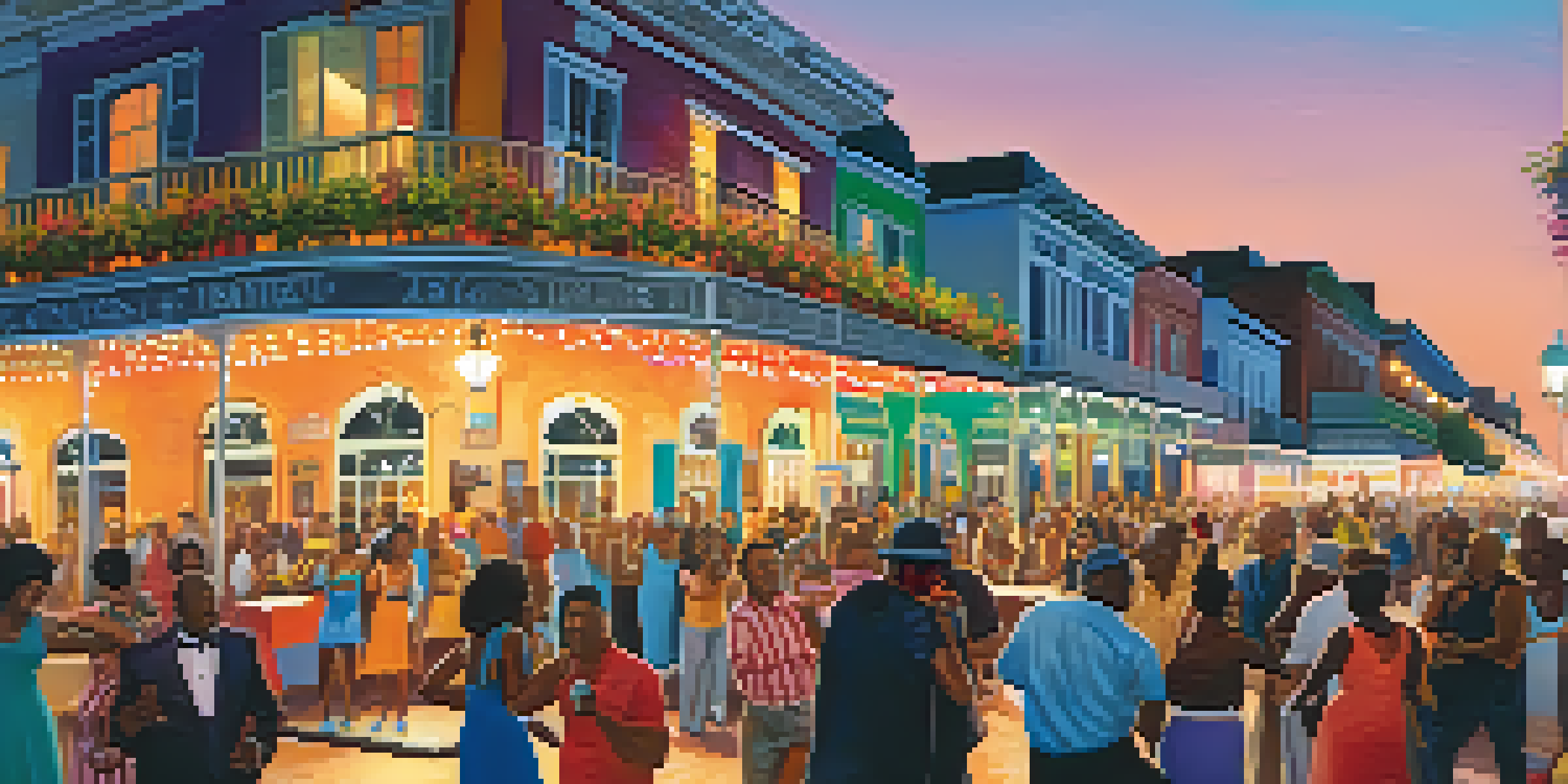 A lively outdoor music festival with musicians playing on stage and people dancing in a colorful setting, illuminated by the warm glow of sunset.