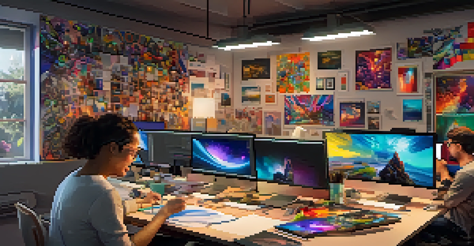 Students working on digital art in a creative workspace filled with colorful artwork and art supplies, illuminated by warm lighting.