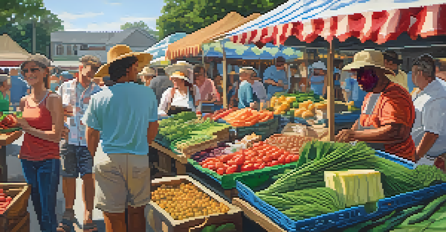 A vibrant local market in Louisiana with fresh produce and local artisans engaging with visitors.