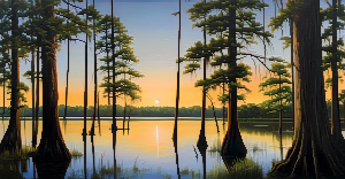 A peaceful landscape showing cypress trees with Spanish moss in the Atchafalaya Basin during sunset.