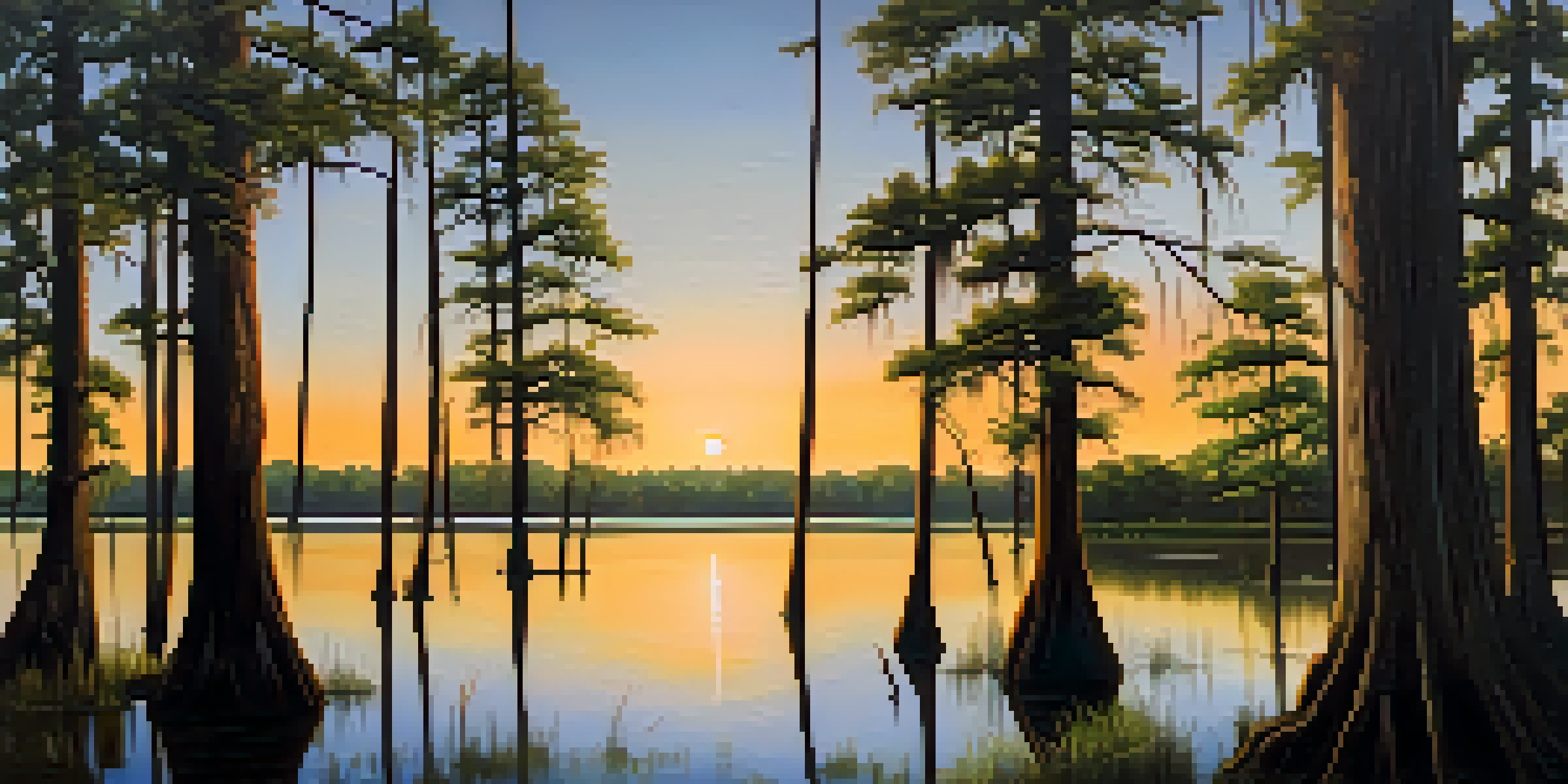 A peaceful landscape showing cypress trees with Spanish moss in the Atchafalaya Basin during sunset.