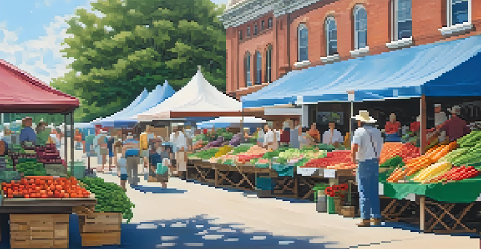 A lively farmer's market in Louisiana filled with fresh produce, colorful vegetables, and people shopping.