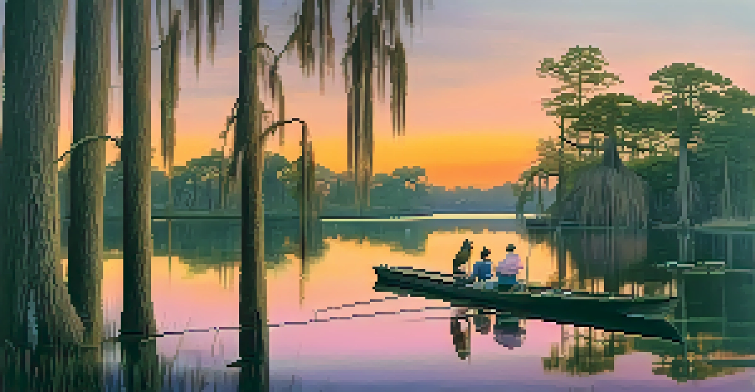 A tranquil bayou at sunset with cypress trees, calm waters, and a family fishing from a boat.