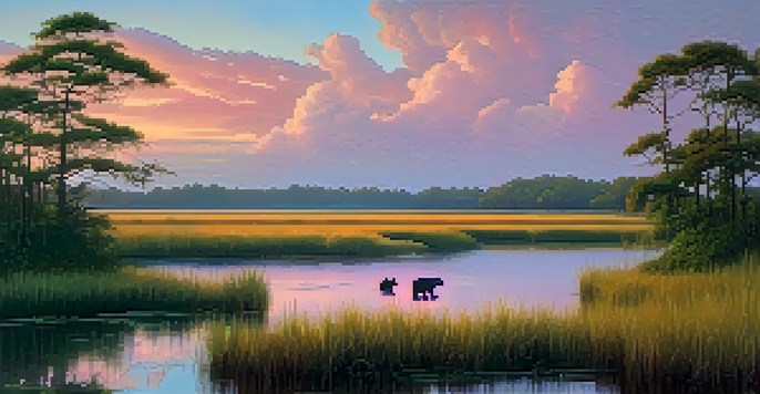 A beautiful Louisiana coastal marsh at sunset with a black bear foraging and roseate spoonbills wading in the water, surrounded by cypress trees.