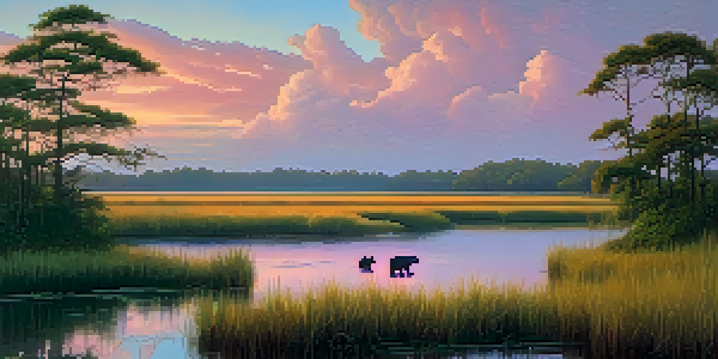 A beautiful Louisiana coastal marsh at sunset with a black bear foraging and roseate spoonbills wading in the water, surrounded by cypress trees.