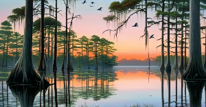 A peaceful cypress swamp at dusk, featuring a heron and birds among mossy trees, with a colorful sky reflected in the water.