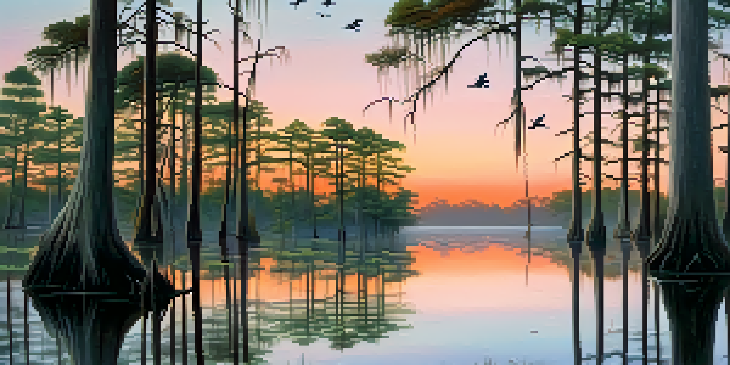 A peaceful cypress swamp at dusk, featuring a heron and birds among mossy trees, with a colorful sky reflected in the water.