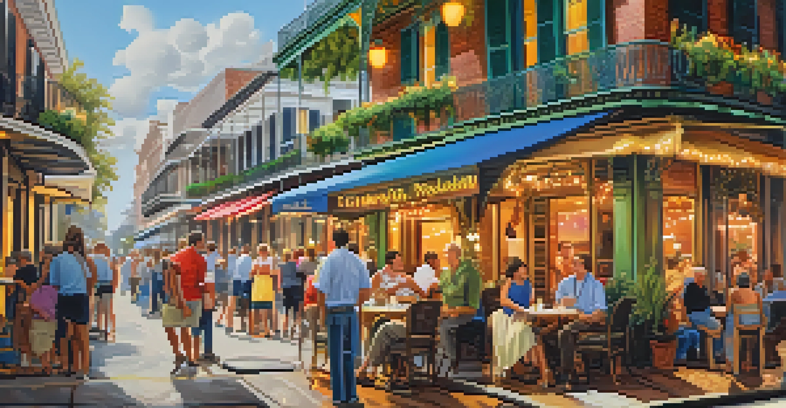 A lively New Orleans café scene with people enjoying beignets at an outdoor table.