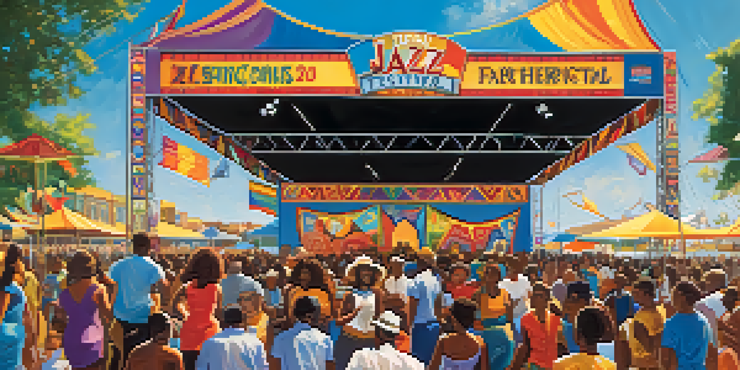 A lively outdoor festival scene with musicians performing on stage and attendees dancing, surrounded by colorful banners and a bright sky.