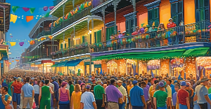 A lively Mardi Gras celebration in New Orleans with colorful floats, masks, and a joyful crowd.