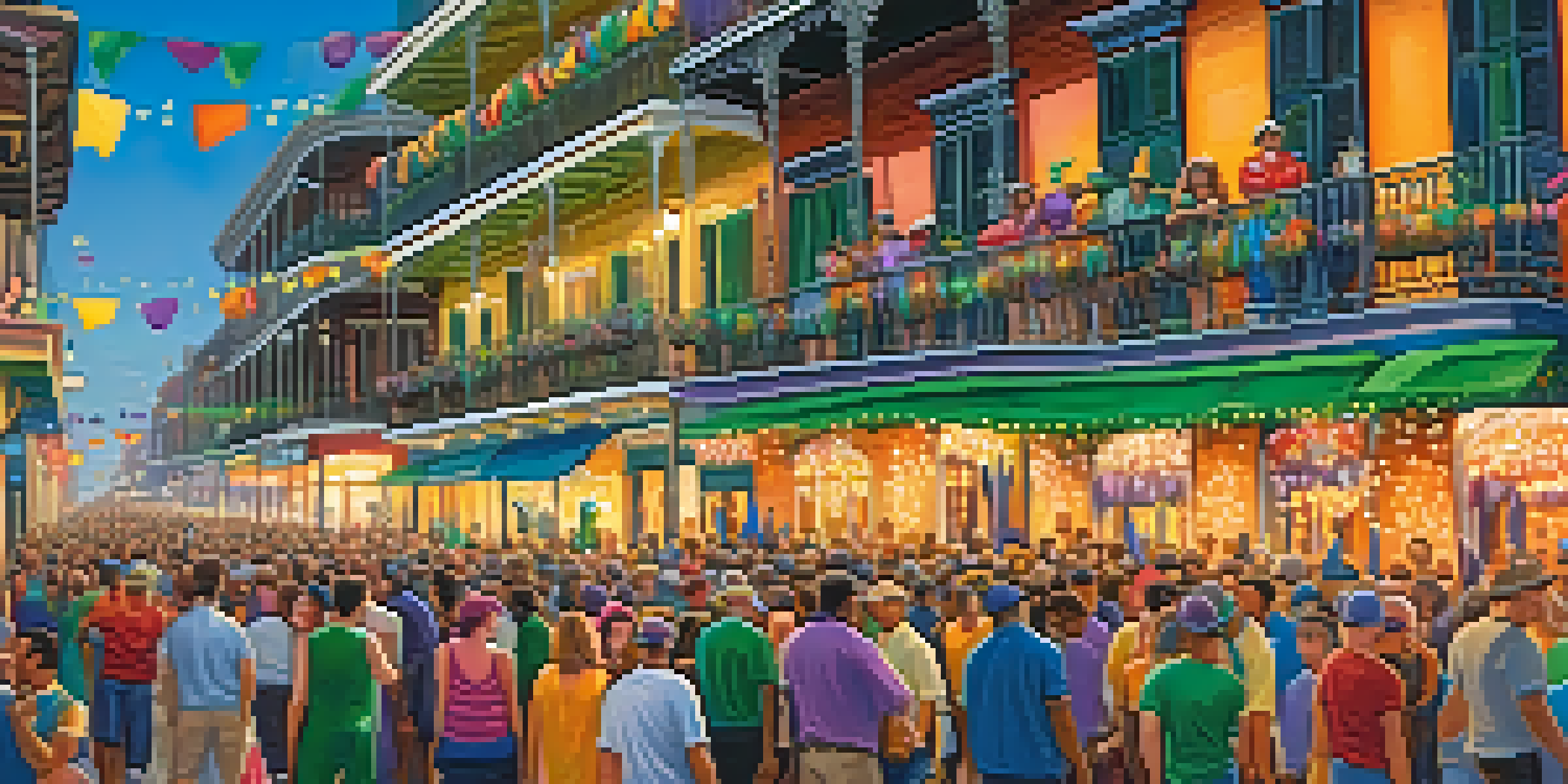 A lively Mardi Gras celebration in New Orleans with colorful floats, masks, and a joyful crowd.